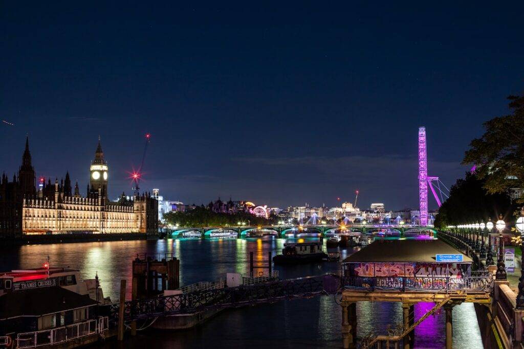 London skyline at night with Big Ben and the London Eye