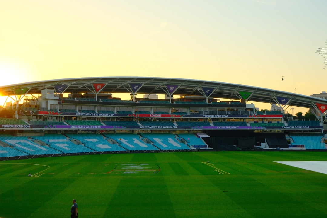 Empty cricket stadium seating at sunset, ahead of an England Test match