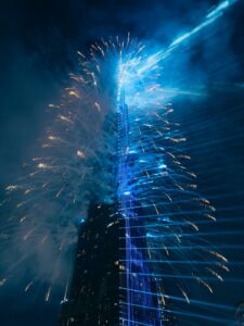 Fireworks exploding around the Burj Khalifa in Dubai on New Year's Eve