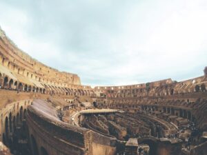 The Colosseum in Rome, exterior view of the ancient amphitheatre's tiered arches